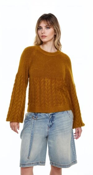 Peasant-Sleeve Cable Knit Sweater